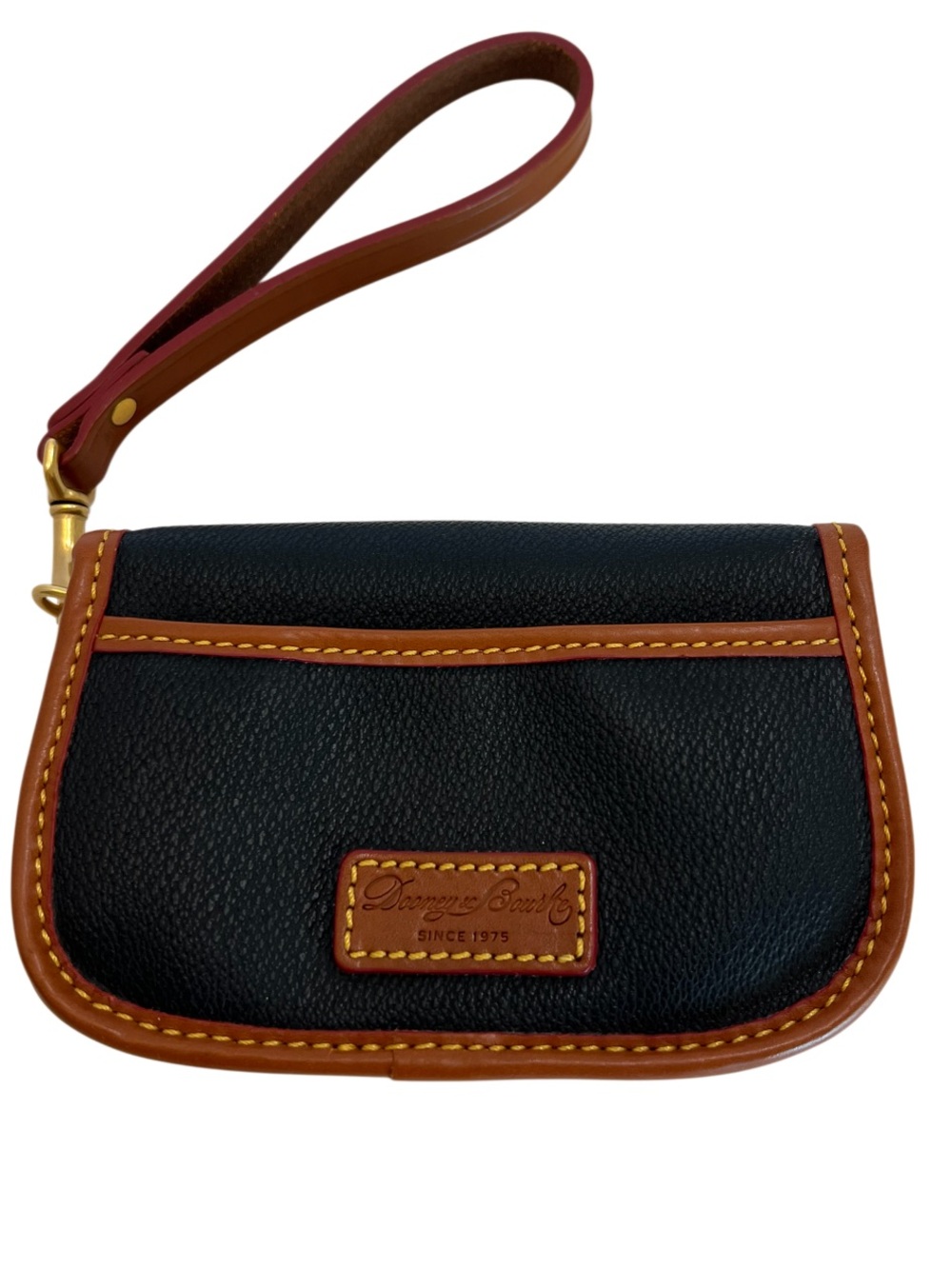 Dooney & Bourke Black Pebbled Leather Wristlet Brown Trim Gold Hardware - Picture 3 of 8